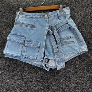 Windsor Medium Wash Denim Utility Cargo Shorts Asymmetrical Straps FAC01 Size S